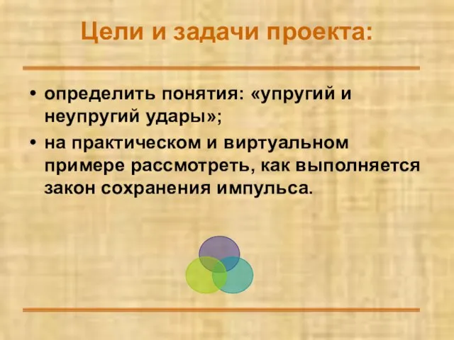 Цели и задачи проекта: определить понятия: «упругий и неупругий удары»; на практическом