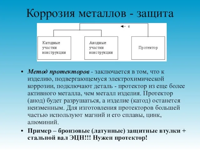 Коррозия металлов - защита Метод протекторов - заключается в том, что к