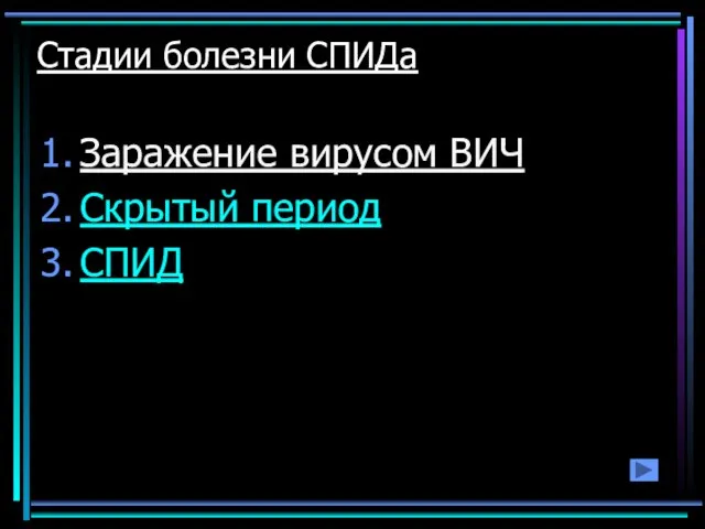 Стадии болезни СПИДа Заражение вирусом ВИЧ Скрытый период СПИД