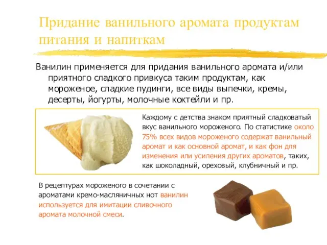 Придание ванильного аромата продуктам питания и напиткам Ванилин применяется для придания ванильного