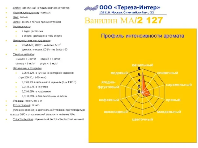 Ванилин МА/2 127 Статус: идентичный натуральному ароматизатор Физическое состояние: порошок Цвет: белый