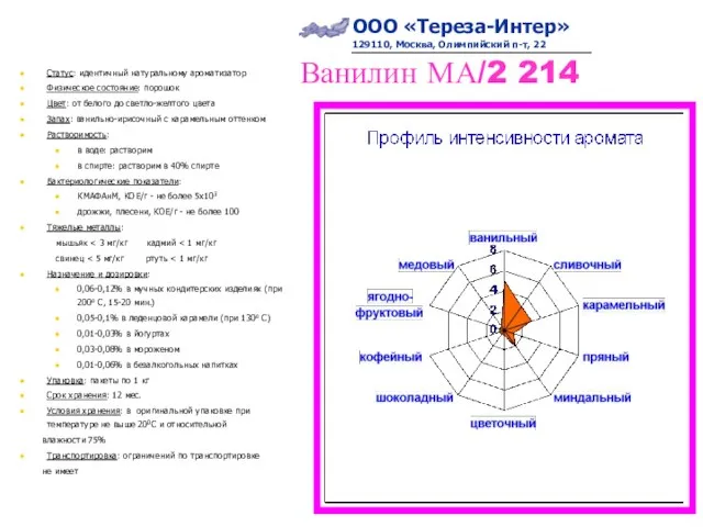 Ванилин МА/2 214 Статус: идентичный натуральному ароматизатор Физическое состояние: порошок Цвет: от