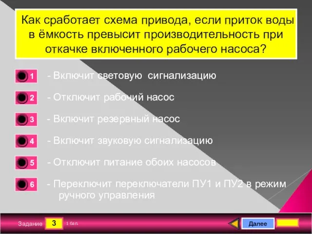 3 Задание Как сработает схема привода, если приток воды в ёмкость превысит