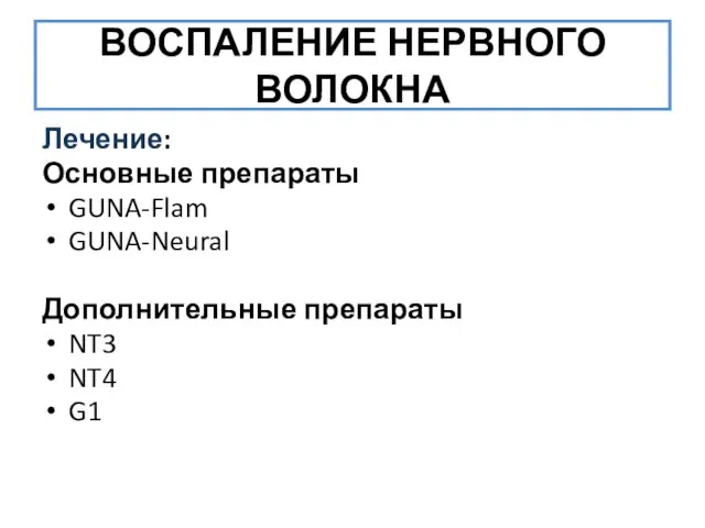 ВОСПАЛЕНИЕ НЕРВНОГО ВОЛОКНА Лечение: Основные препараты GUNA-Flam GUNA-Neural Дополнительные препараты NT3 NT4 G1