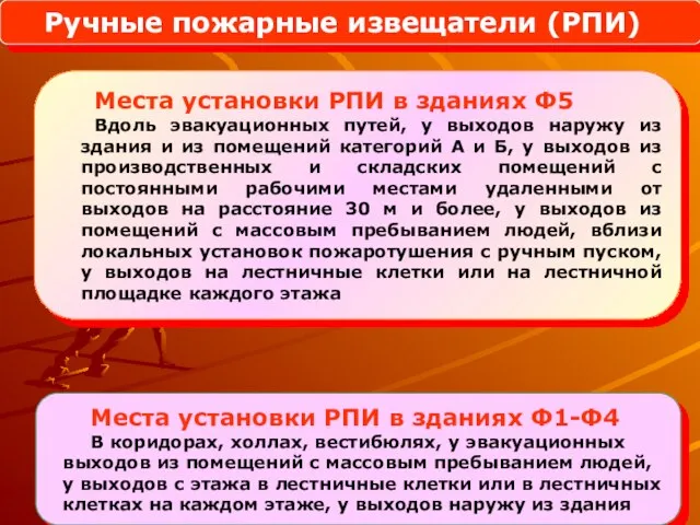 Места установки РПИ в зданиях Ф5 Вдоль эвакуационных путей, у выходов наружу