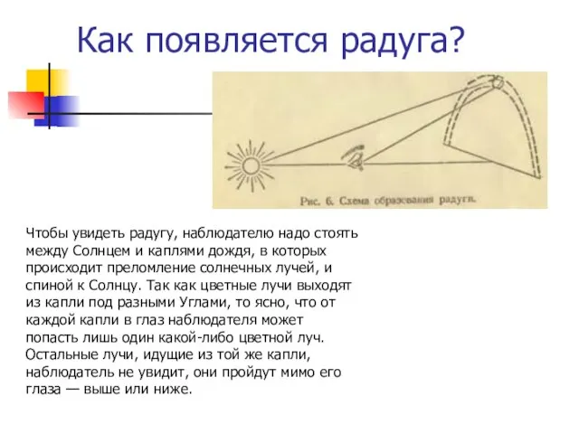 Как появляется радуга? Чтобы увидеть радугу, наблюдателю надо стоять между Солнцем и