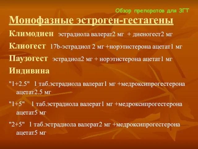 Обзор препаратов для ЗГТ Монофазные эстроген-гестагены Климодиен эстрадиола валерат2 мг + диеногест2