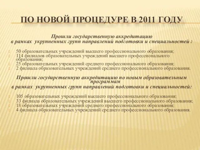 ПО НОВОЙ ПРОЦЕДУРЕ В 2011 ГОДУ Прошли государственную аккредитацию в рамках укрупненных