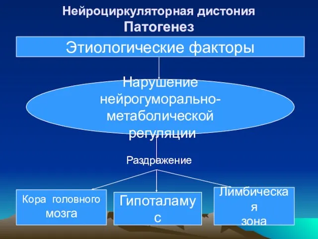 Нейроциркуляторная дистония Патогенез Раздражение Этиологические факторы Нарушение нейрогуморально-метаболической регуляции Кора головного мозга Гипоталамус Лимбическая зона