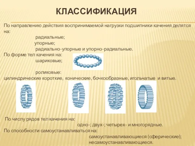 КЛАССИФИКАЦИЯ По направлению действия воспринимаемой нагрузки подшипники качения делятся на: радиальные; упорные;