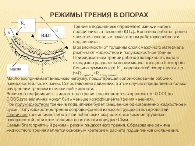 РЕЖИМЫ ТРЕНИЯ В ОПОРАХ Трение в подшипнике определяет износ и нагрев подшипника