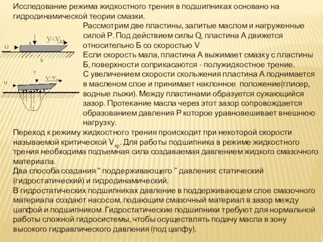 Исследование режима жидкостного трения в подшипниках основано на гидродинамической теории смазки. Рассмотрим