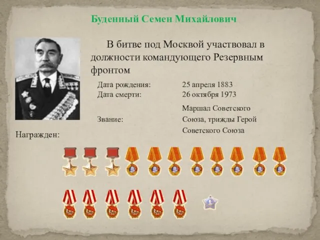 Буденный Семен Михайлович В битве под Москвой участвовал в должности командующего Резервным фронтом Награжден: