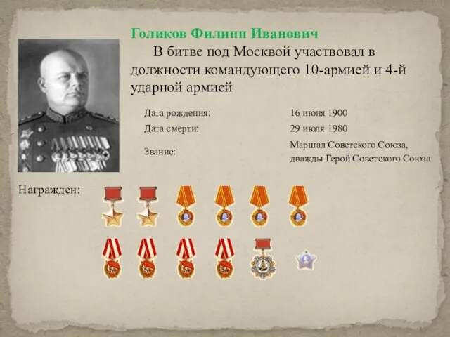 Голиков Филипп Иванович В битве под Москвой участвовал в должности командующего 10-армией