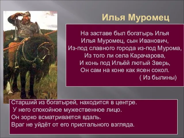 Илья Муромец На заставе был богатырь Илья Илья Муромец, сын Иванович, Из-под