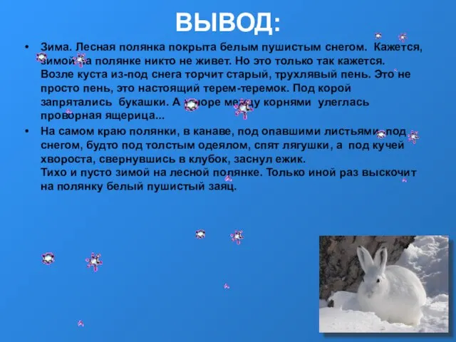 ВЫВОД: Зима. Лесная полянка покрыта белым пушистым снегом. Кажется, зимой на полянке