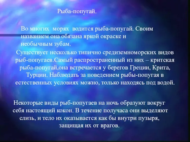 Рыба-попугай. Существует несколько типично средиземноморских видов рыб-попугаев.Самый распространенный из них – критская