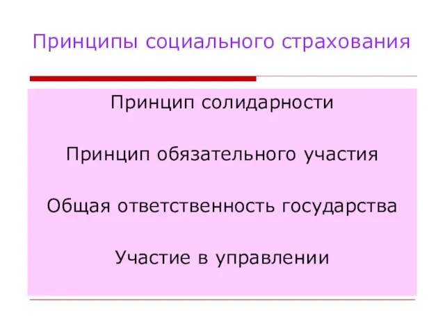 Принципы социального страхования Принцип солидарности Принцип обязательного участия Общая ответственность государства Участие в управлении