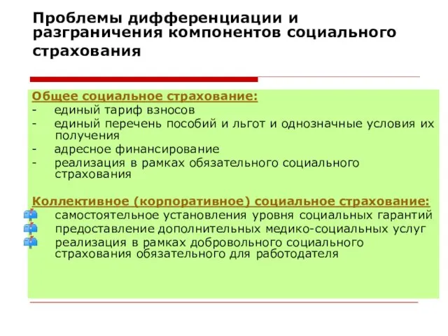 Проблемы дифференциации и разграничения компонентов социального страхования Общее социальное страхование: - единый