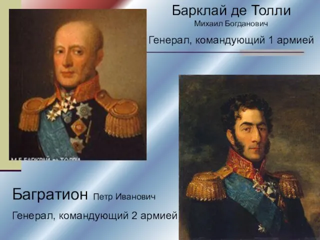Барклай де Толли Михаил Богданович Генерал, командующий 1 армией Багратион Петр Иванович Генерал, командующий 2 армией