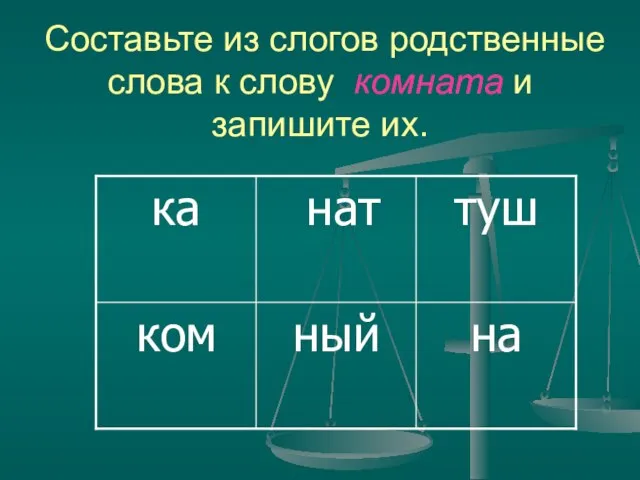 Составьте из слогов родственные слова к слову комната и запишите их.