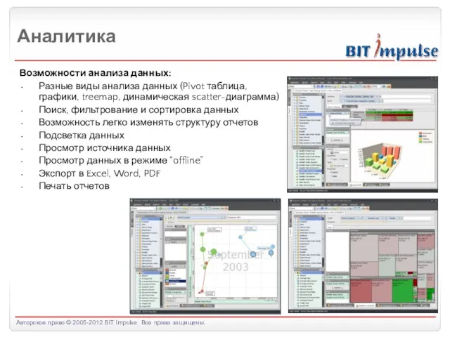 Аналитика Возможности анализа данных: Разные виды анализа данных (Pivot таблица, графики, treemap,