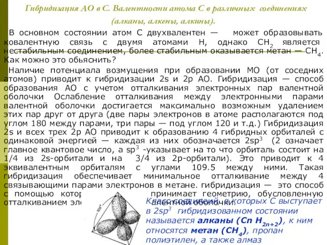Гибридизация АО в С. Валентности атома С в различных соединениях (алканы, алкены,