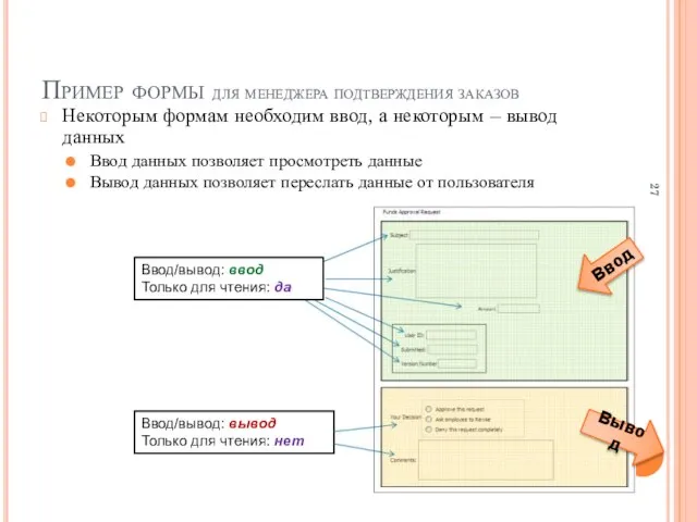 Пример формы для менеджера подтверждения заказов Некоторым формам необходим ввод, а некоторым