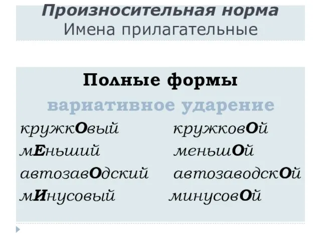 Произносительная норма Имена прилагательные Полные формы вариативное ударение кружкОвый кружковОй мЕньший меньшОй автозавОдский автозаводскОй мИнусовый минусовОй