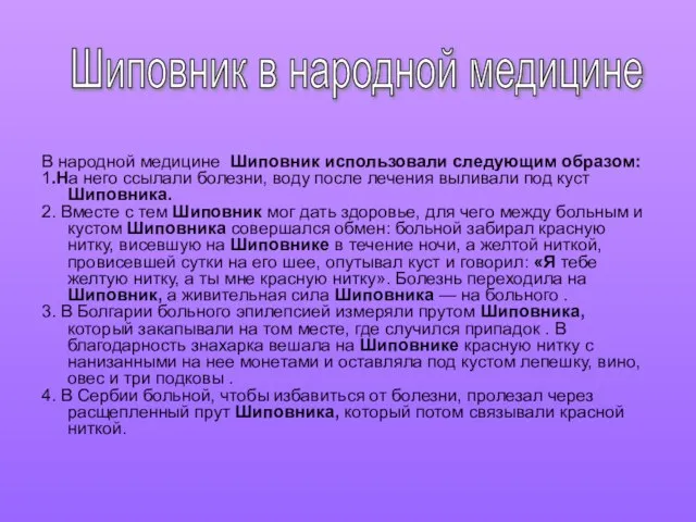 В народной медицине Шиповник использовали следующим образом: 1.На него ссылали болезни, воду