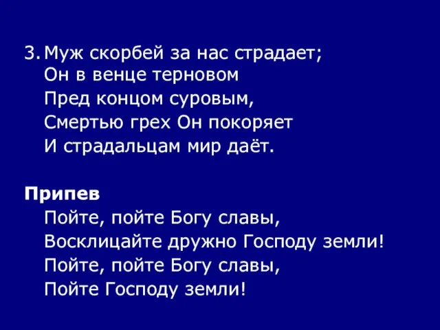 3. Муж скорбей за нас страдает; Он в венце терновом Пред концом