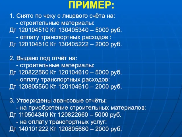 ПРИМЕР: 1. Снято по чеку с лицевого счёта на: - строительные материалы: