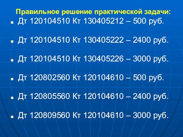 Правильное решение практической задачи: Дт 120104510 Кт 130405212 – 500 руб. Дт