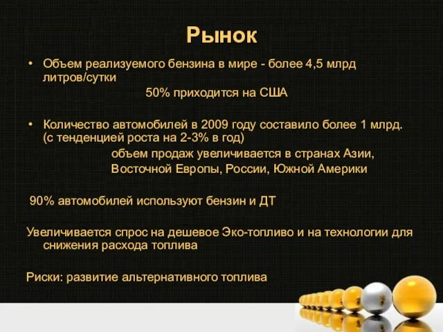 Рынок Объем реализуемого бензина в мире - более 4,5 млрд литров/сутки 50%