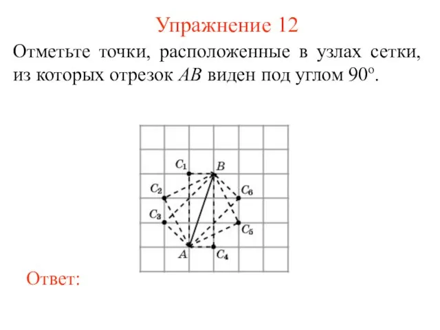 Упражнение 12 Отметьте точки, расположенные в узлах сетки, из которых отрезок AB виден под углом 90о.