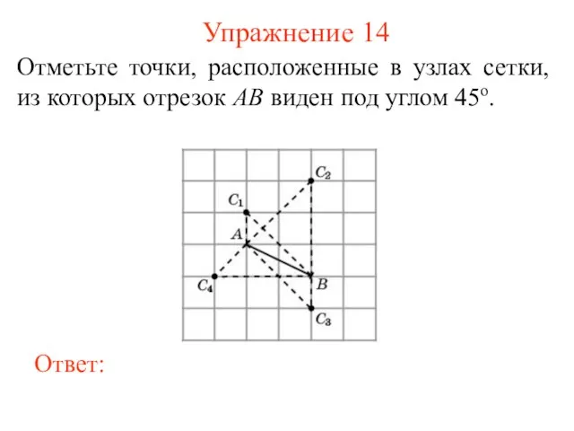 Упражнение 14 Отметьте точки, расположенные в узлах сетки, из которых отрезок AB виден под углом 45о.