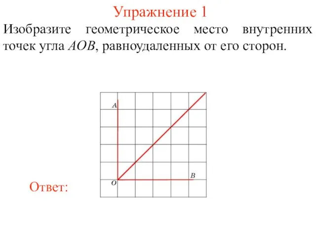 Упражнение 1 Изобразите геометрическое место внутренних точек угла AOB, равноудаленных от его сторон.