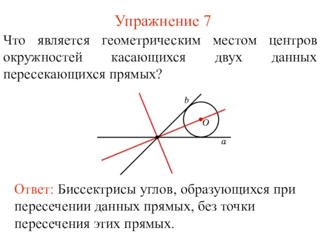 Упражнение 7 Что является геометрическим местом центров окружностей касающихся двух данных пересекающихся