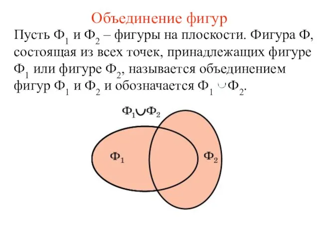 Объединение фигур Пусть Ф1 и Ф2 – фигуры на плоскости. Фигура Ф,