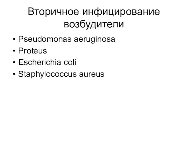 Вторичное инфицирование возбудители Pseudomonas aeruginosa Proteus Escherichia coli Staphylococcus aureus