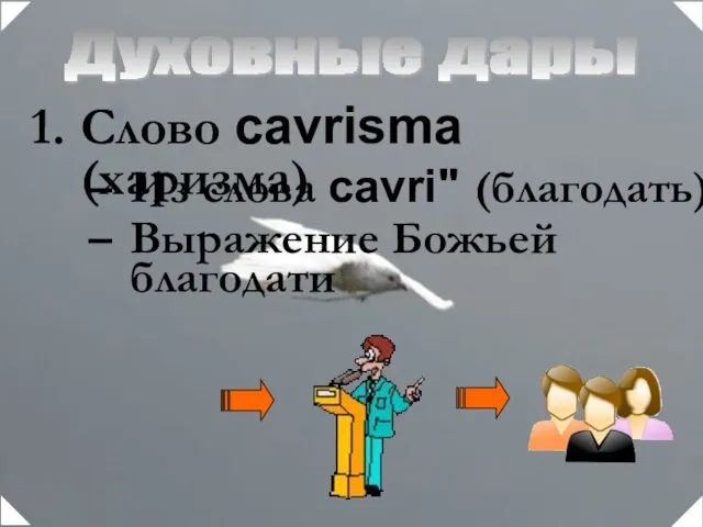 Из слова cavri" (благодать) Выражение Божьей благодати Слово cavrisma (харизма) Духовные дары