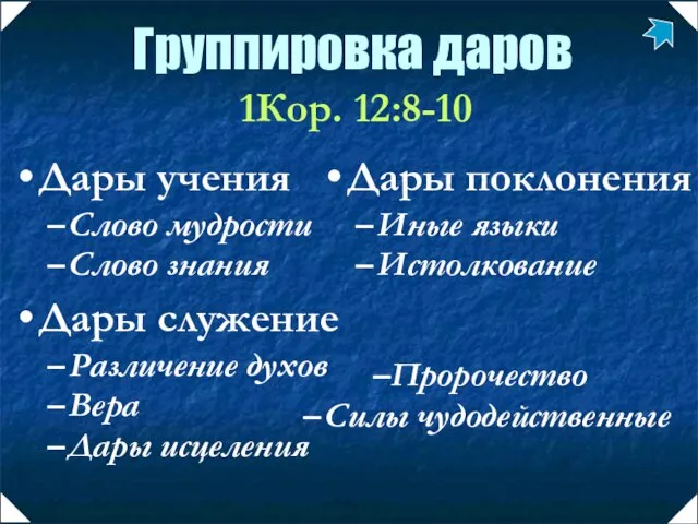 Дары учения Слово мудрости Слово знания Дары служение Различение духов Вера Дары