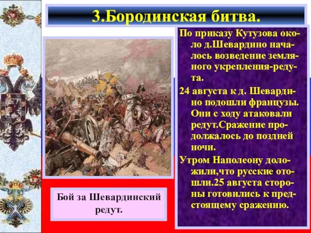 По приказу Кутузова око-ло д.Шевардино нача-лось возведение земля-ного укрепления-реду-та. 24 августа к