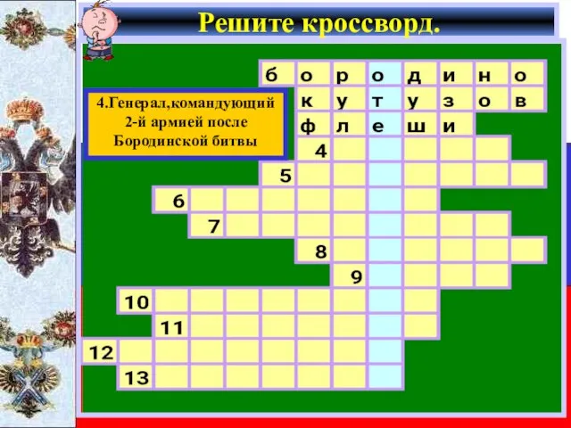 Решите кроссворд. 4.Генерал,командующий 2-й армией после Бородинской битвы