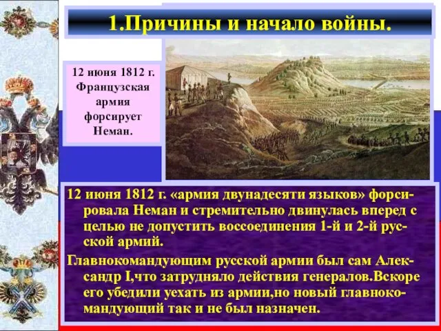 12 июня 1812 г. «армия двунадесяти языков» форси-ровала Неман и стремительно двинулась