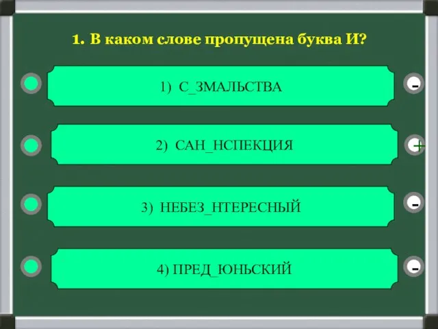 - - + - 1. В каком слове пропущена буква И? 1)