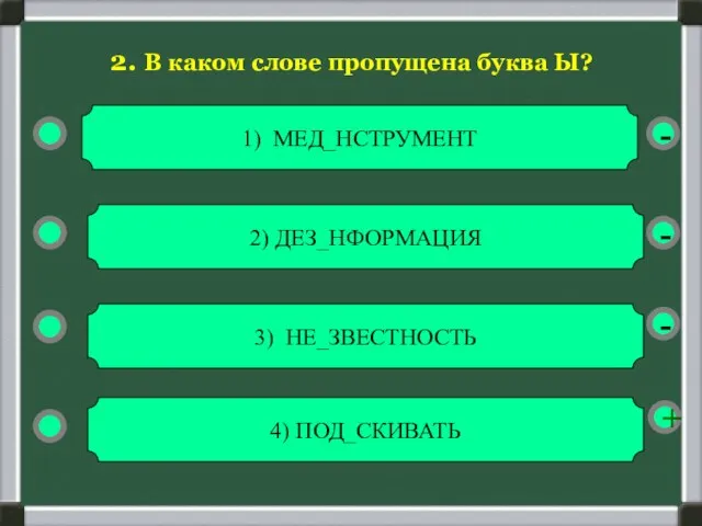 - - + - 2. В каком слове пропущена буква Ы? 1)