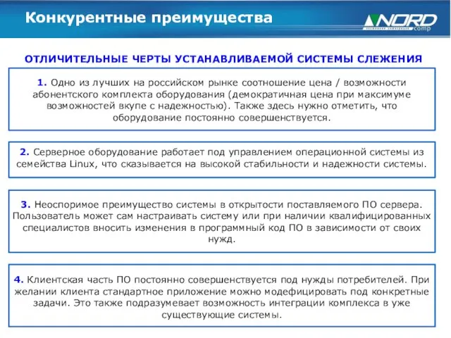 Конкурентные преимущества ОТЛИЧИТЕЛЬНЫЕ ЧЕРТЫ УСТАНАВЛИВАЕМОЙ СИСТЕМЫ СЛЕЖЕНИЯ 1. Одно из лучших на