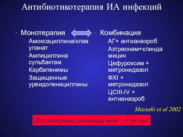 Антибиотикотерапия ИА инфекций Монотерапия Амоксациллина/клавуланат Ампициллина сульбактам Карбапенемы Защищенные уреидопенициллины Комбинация АГ+