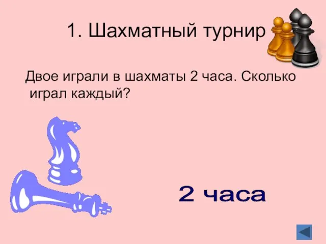 1. Шахматный турнир Двое играли в шахматы 2 часа. Сколько играл каждый? 2 часа